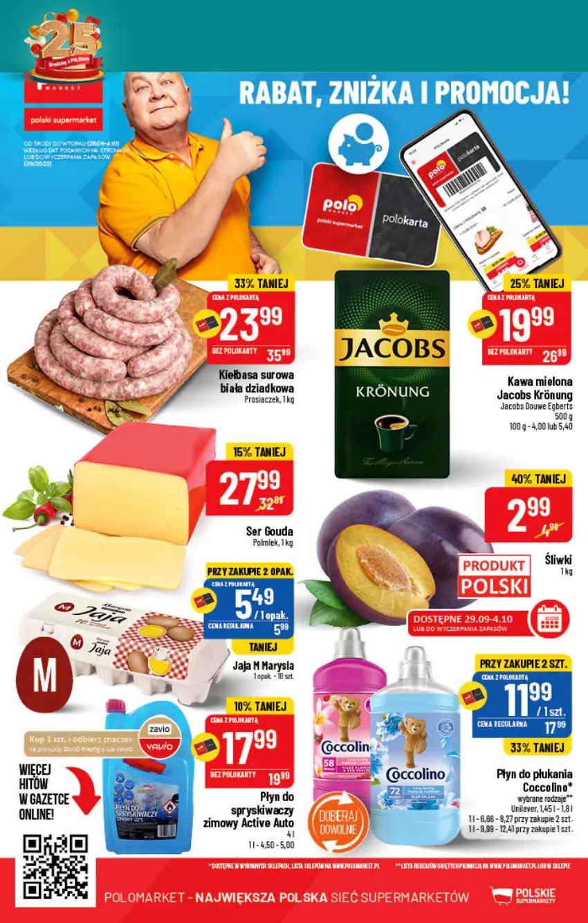 Gazetka promocyjna PoloMarket - Gazetka pomocyjna - ważna 28.09 do 04.10.2022 - strona 68 - produkty: Coccolino, Gouda, Jacobs, Jaja, Kawa, Kawa mielona, Kiełbasa, Płyn do płukania, Polmiek, Ser