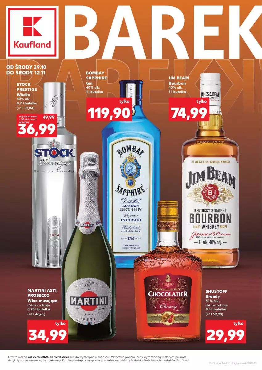 Gazetka promocyjna Kaufland - Barek Kauflandu - ważna 29.10 do 12.11.2025 - strona 1 - produkty: Bourbon, Brandy, Gin, Jim Beam, Martini, Mus, Prosecco, Stock, Wino, Wino musujące, Wódka