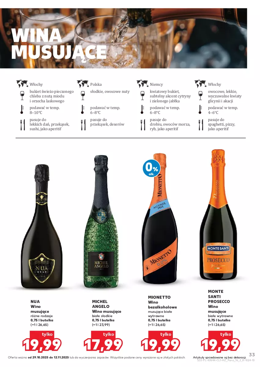 Gazetka promocyjna Kaufland - Barek Kauflandu - ważna 29.10 do 12.11.2025 - strona 33 - produkty: Bukiet, Chleb, Cytryny, Deser, Jabłka, Mionetto, Monte, Monte Santi, Mus, Nuty, Piec, Prosecco, Ser, Spaghetti, Sushi, Wino, Wino bezalkoholowe, Wino musujące