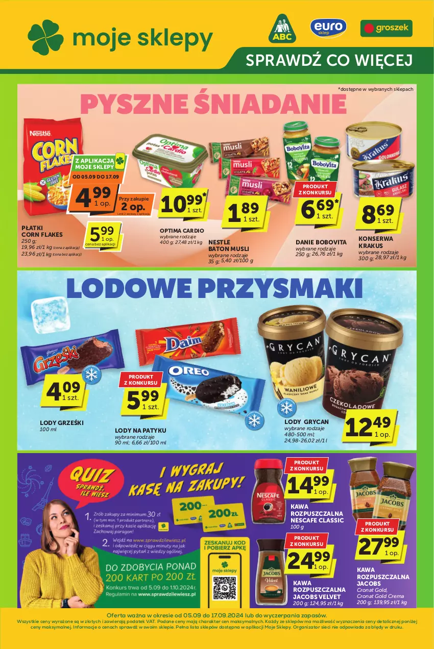 Gazetka promocyjna ABC - ważna 05.09 do 17.09.2024 - strona 1 - produkty: Baton, BoboVita, Corn flakes, Gry, Grześki, Jacobs, Jacobs Velvet, Kawa, Kawa rozpuszczalna, Krakus, Lody, Mus, Optima, Optima Cardio, Przysmaki, Ser, Velvet