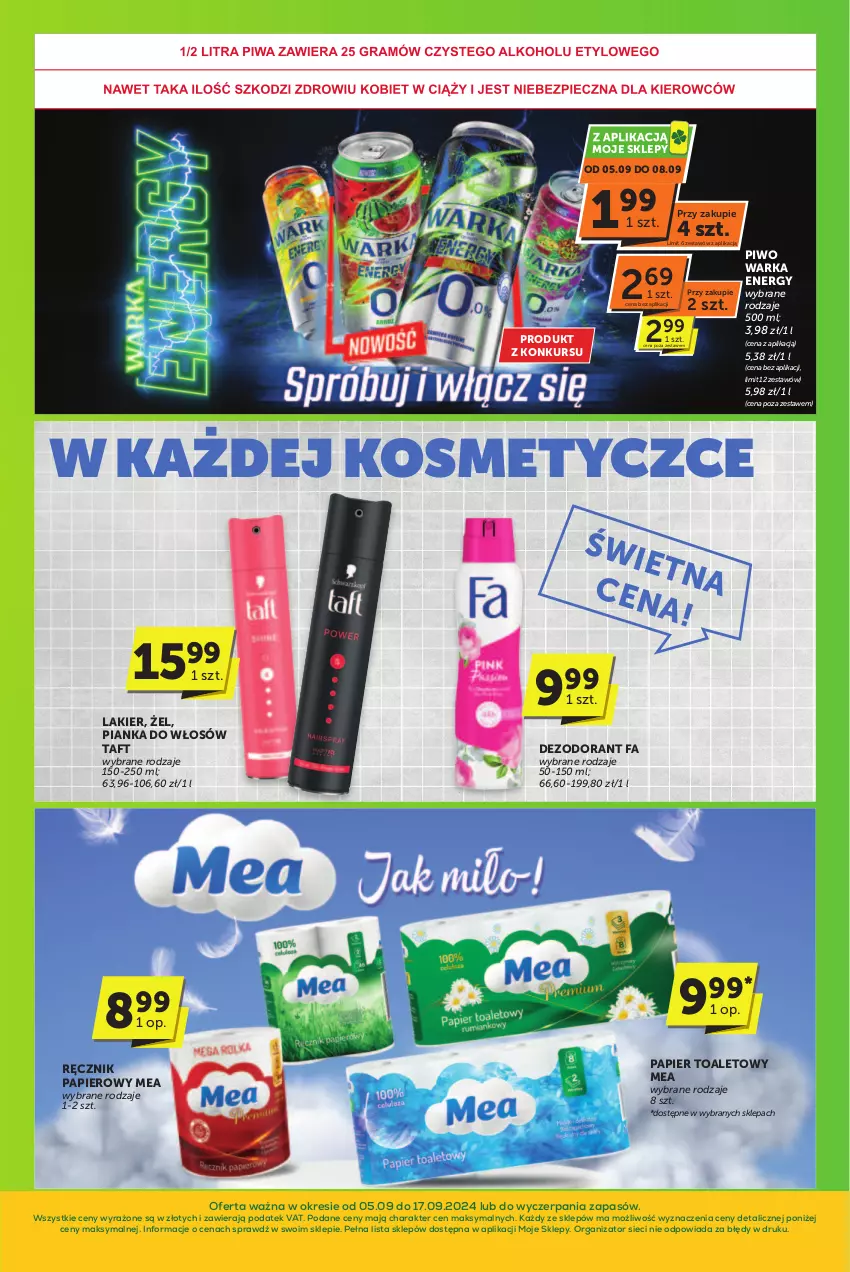 Gazetka promocyjna ABC - ważna 05.09 do 17.09.2024 - strona 8 - produkty: Dezodorant, Fa, Lakier, Papier, Papier toaletowy, Pianka do włosów, Piwo, Ręcznik, Taft, Warka