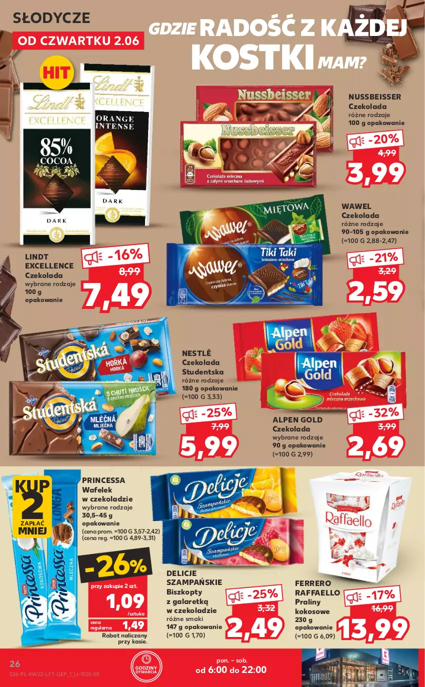 Gazetka promocyjna Kaufland - OFERTA TYGODNIA - ważna 02.06 do 08.06.2022 - strona 26 - produkty: Biszkopty, Czekolada, Delicje, Fa, Ferrero, Gala, Kokos, Lindt, Nestlé, Praliny, Princessa, Raffaello, Ser, Wafelek, Wawel