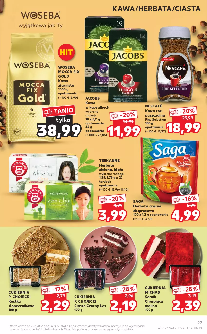 Gazetka promocyjna Kaufland - OFERTA TYGODNIA - ważna 02.06 do 08.06.2022 - strona 27 - produkty: Cukier, Herbata, Herbata czarna, Jacobs, Kawa, Kawa rozpuszczalna, Kawa ziarnista, Mocca Fix Gold, Nescafé, Saga, Ser, Teekanne, Woseba