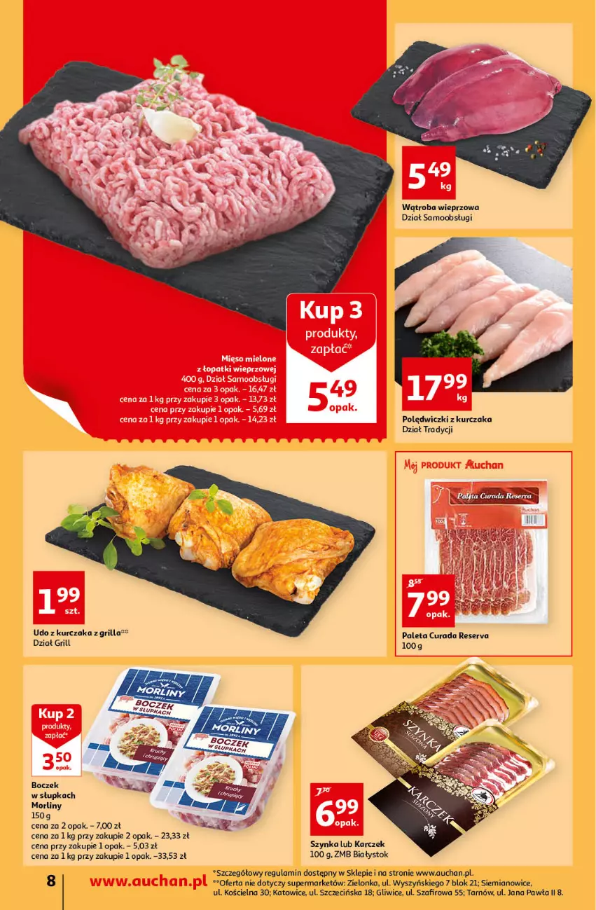 Gazetka promocyjna Auchan - przeNISKIE CENY czas na przepyszności Supermarkety - ważna 17.03 do 23.03.2022 - strona 8 - produkty: Boczek, Grill, Kurczak, Morliny, Paleta, Polędwiczki z kurczaka, Ser, Szynka, Udo z kurczaka