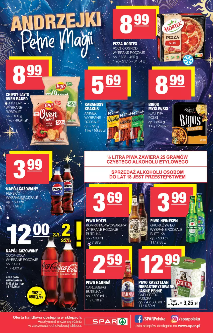 Gazetka promocyjna Spar - Spar - ważna 17.11 do 27.11.2024 - strona 8 - produkty: Carlsberg, Chipsy, Coca-Cola, Gin, Gra, Harnaś, Heineken, Hortex, Kozel, Kuchnia, Napój, Napój gazowany, Piwa, Piwo, Pizza