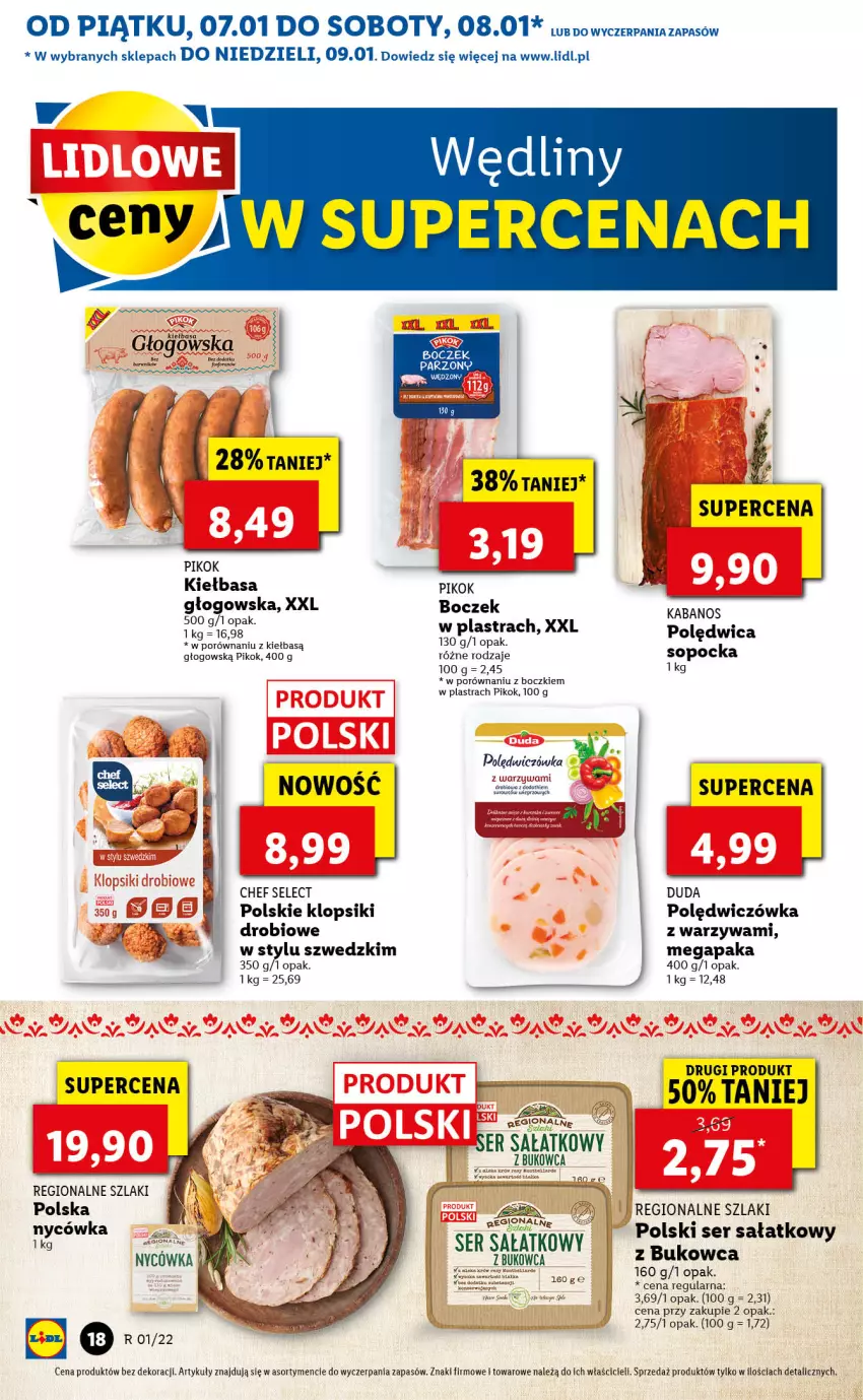 Gazetka promocyjna Lidl - GAZETKA - ważna 07.01 do 09.01.2022 - strona 18 - produkty: Boczek, Duda, Fa, Kabanos, Kiełbasa, Kiełbasa głogowska, Klopsiki, Odol, PIKOK, Polędwica, Por, Sałat, Ser, Warzywa