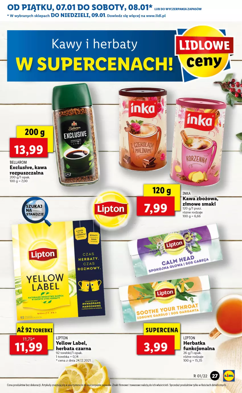 Gazetka promocyjna Lidl - GAZETKA - ważna 07.01 do 09.01.2022 - strona 27 - produkty: Bell, Bella, Herbata, Herbata czarna, Inka, Kawa, Kawa rozpuszczalna, Kawa zbożowa, Lipton, Torebka