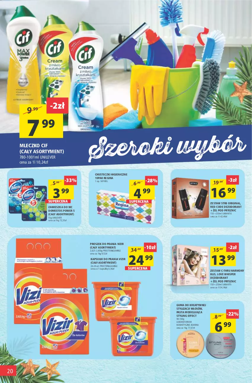 Gazetka promocyjna Arhelan - Gazetka - ważna 17.12 do 26.12.2021 - strona 20 - produkty: C-Thru, Chusteczki, Cif, Dezodorant, Domestos, Gin, Joanna, Kapsułki do prania, Mleczko, Proszek do prania, Str8, Vizir, Zawieszka do wc