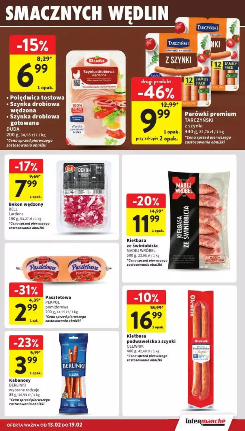 Gazetka promocyjna Intermarche - ważna 13.02 do 19.02.2025 - strona 14 - produkty: Astor, Beko, Bell, Berlinki, BIC, Duda, Fa, Kabanos, Kiełbasa, Kiełbasa podwawelska, Madej Wróbel, Olewnik, Pasztet, Pekpol, Polędwica, Rurki, Szynka, Tarczyński, Wawel