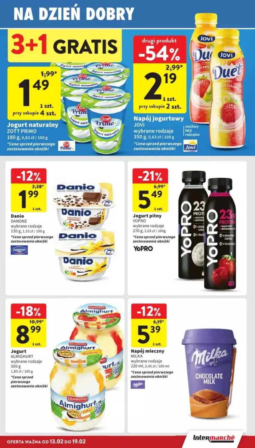 Gazetka promocyjna Intermarche - ważna 13.02 do 19.02.2025 - strona 18 - produkty: Danio, Danone, Jogurt, Jogurt naturalny, Jogurt pitny, Milka, Napój, Napój jogurtowy, Napój mleczny, Zott, Zott Primo