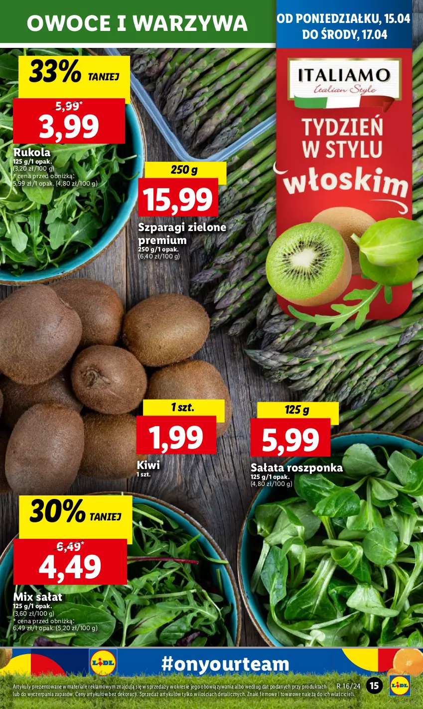 Gazetka promocyjna Lidl - GAZETKA - ważna 15.04 do 17.04.2024 - strona 15 - produkty: Kiwi, Owoce, Roszponka, Rukola, Sałat, Warzywa