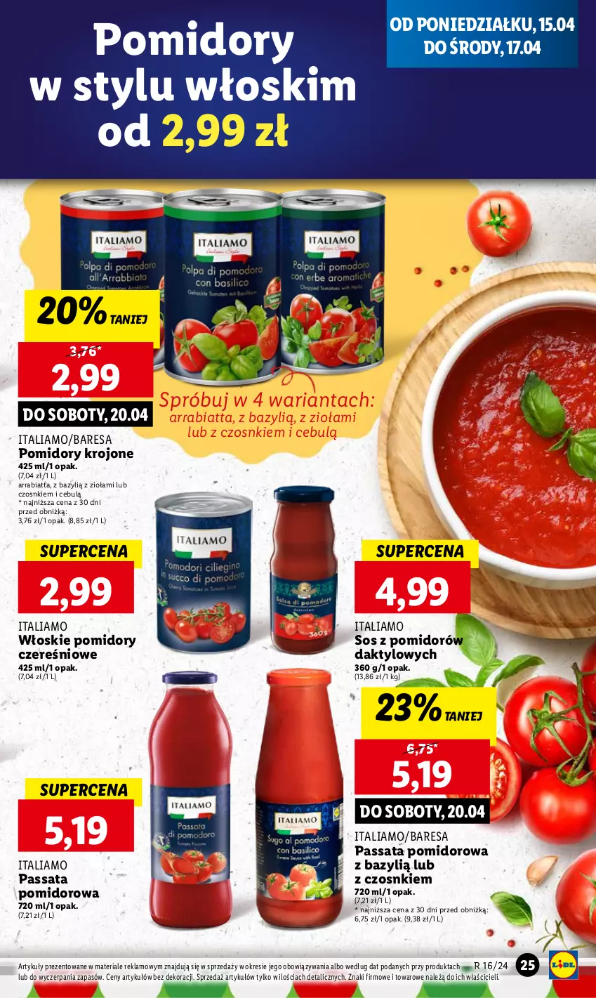Gazetka promocyjna Lidl - GAZETKA - ważna 15.04 do 17.04.2024 - strona 25 - produkty: Bazyl, Pomidory, Pomidory krojone, Sos