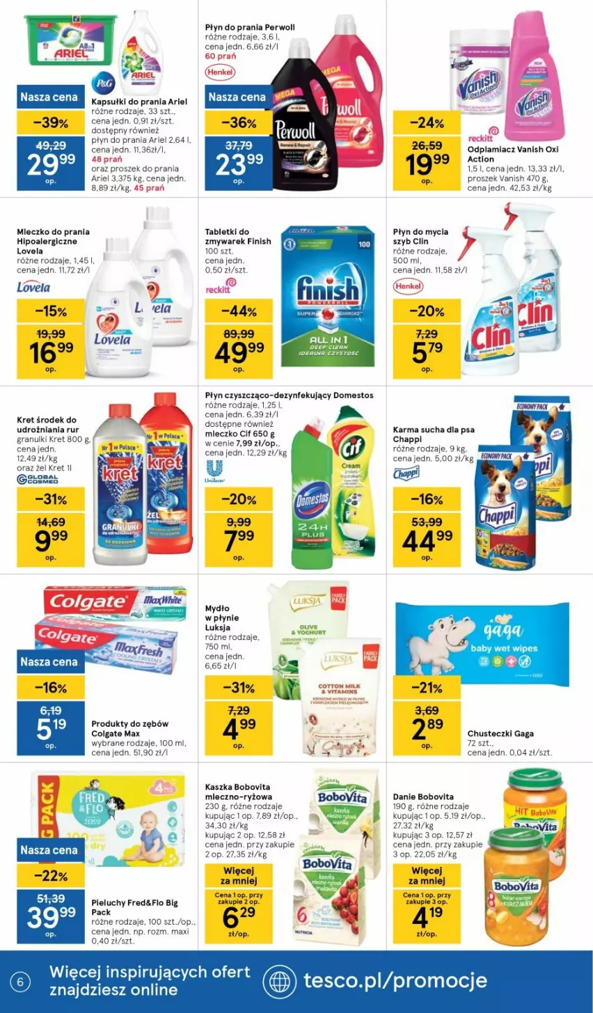 Gazetka promocyjna Tesco - Tesco gazetka - przyszły tydzień - ważna 05.08 do 11.08.2021 - strona 6 - produkty: Ariel, BoboVita, Chusteczki, Clin, Colgate, Finish, Gaga, Gra, Kret, LG, Lovela, Luksja, Mleczko, Mleczko do prania, Mydło, Pieluchy, Ryż, Tablet, Vanish