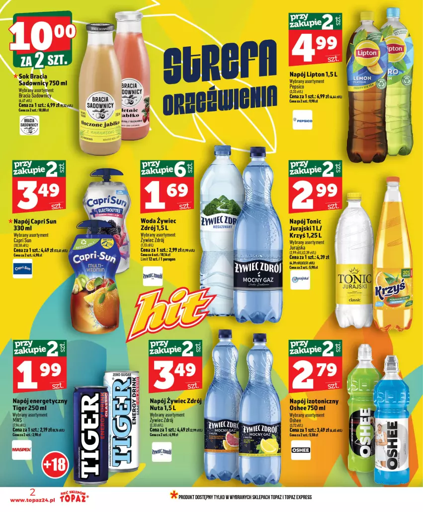 Gazetka promocyjna Topaz - Gazetka - ważna 16.07 do 22.07.2026 - strona 2 - produkty: Koc, Lipton, Napój, Napój energetyczny, Oshee, Sok, Tiger, Top, Woda