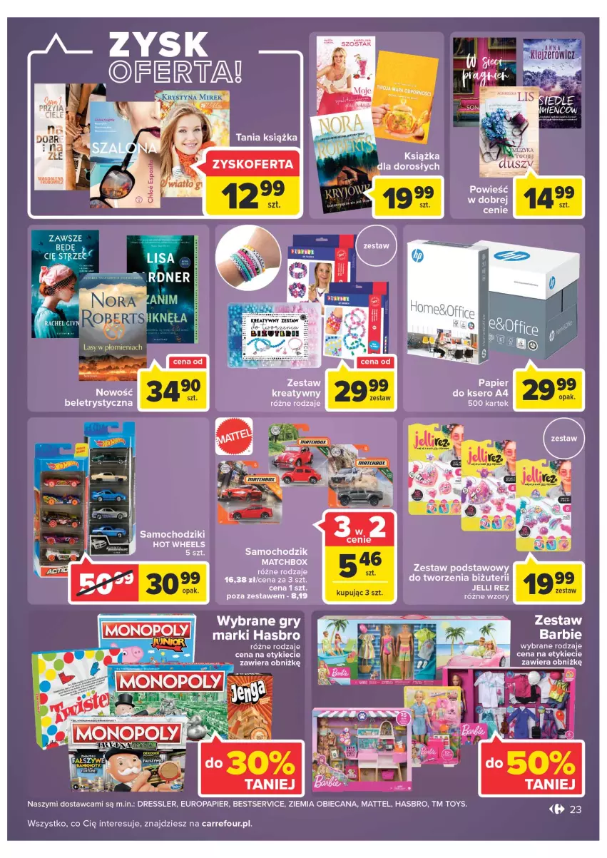 Gazetka promocyjna Carrefour - Gazetka Carrefour - ważna 28.06 do 02.07.2022 - strona 23 - produkty: Barbie, Chodzik, Dres, Gry, Hasbro, Mattel, Papier, Samochodziki, Ser