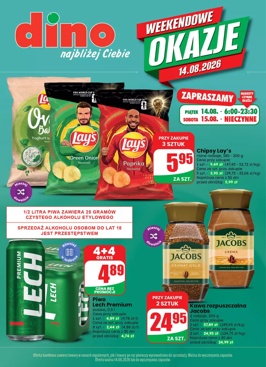 Gazetka promocyjna Dino - Weekendowe okazje - ważna 14.08 do 14.08.2026 - strona 1 - produkty: Chipsy, Fa, Gra, Jacobs, Kawa, Kawa rozpuszczalna, Lech Premium, Monte, Piwa, Piwo