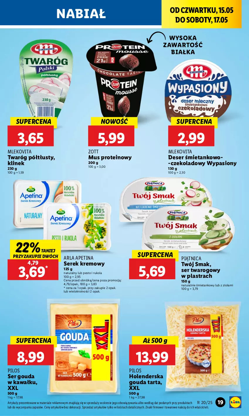 Gazetka promocyjna Lidl - GAZETKA - ważna 15.05 do 17.05.2025 - strona 23 - produkty: Deser, Gouda, Kawa, Mleko, Mlekovita, Mus, Pesto, Piątnica, Pilos, Rukola, Ser, Ser twarogowy, Serek, Sok, Tarta, Twaróg, Twaróg półtłusty, Twój Smak, Zott