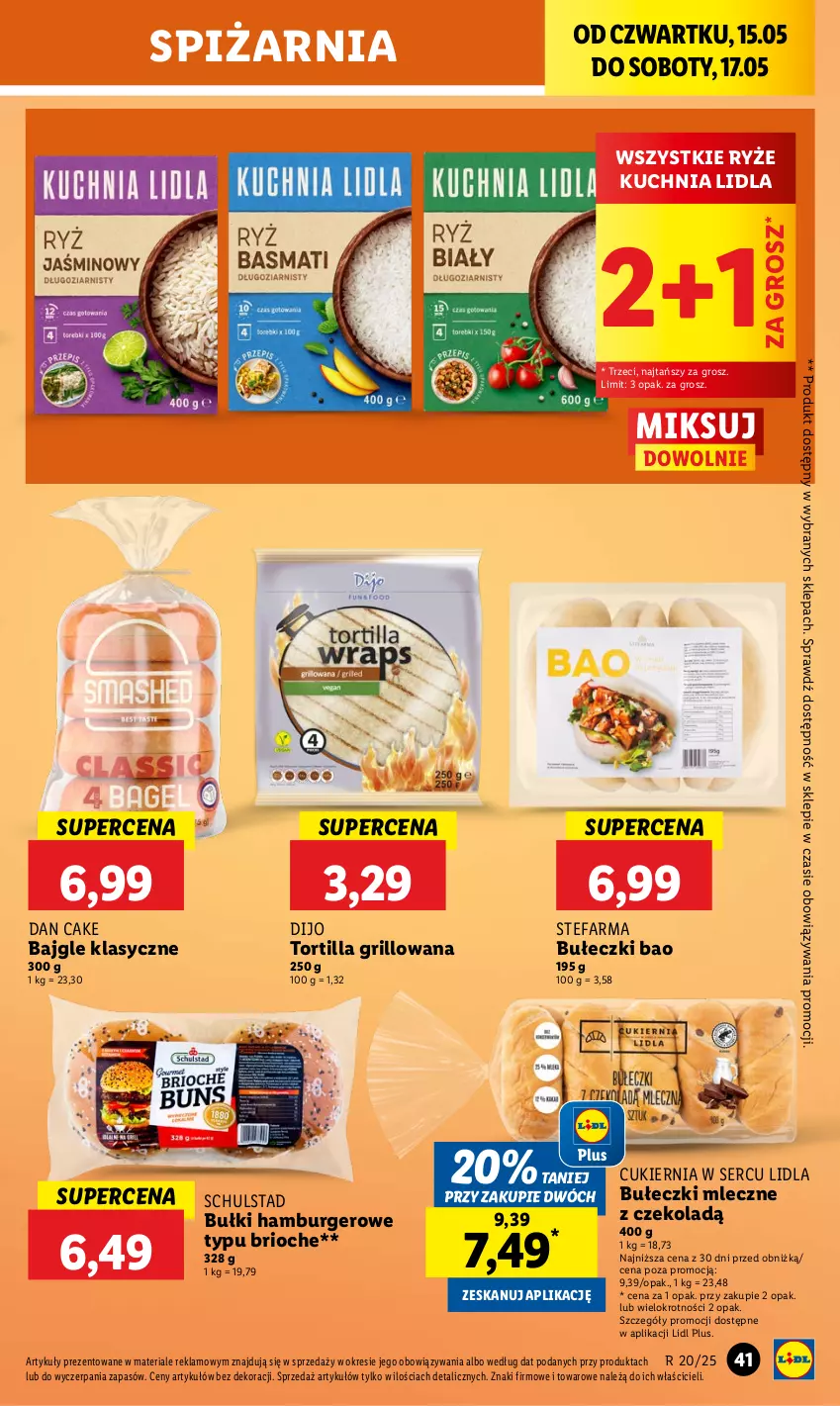 Gazetka promocyjna Lidl - GAZETKA - ważna 15.05 do 17.05.2025 - strona 47 - produkty: Bajgle, Bułeczki, Bułeczki mleczne, Burger, Cukier, Dan Cake, Fa, Grill, Hamburger, Kuchnia, Ryż, Ser, Tortilla