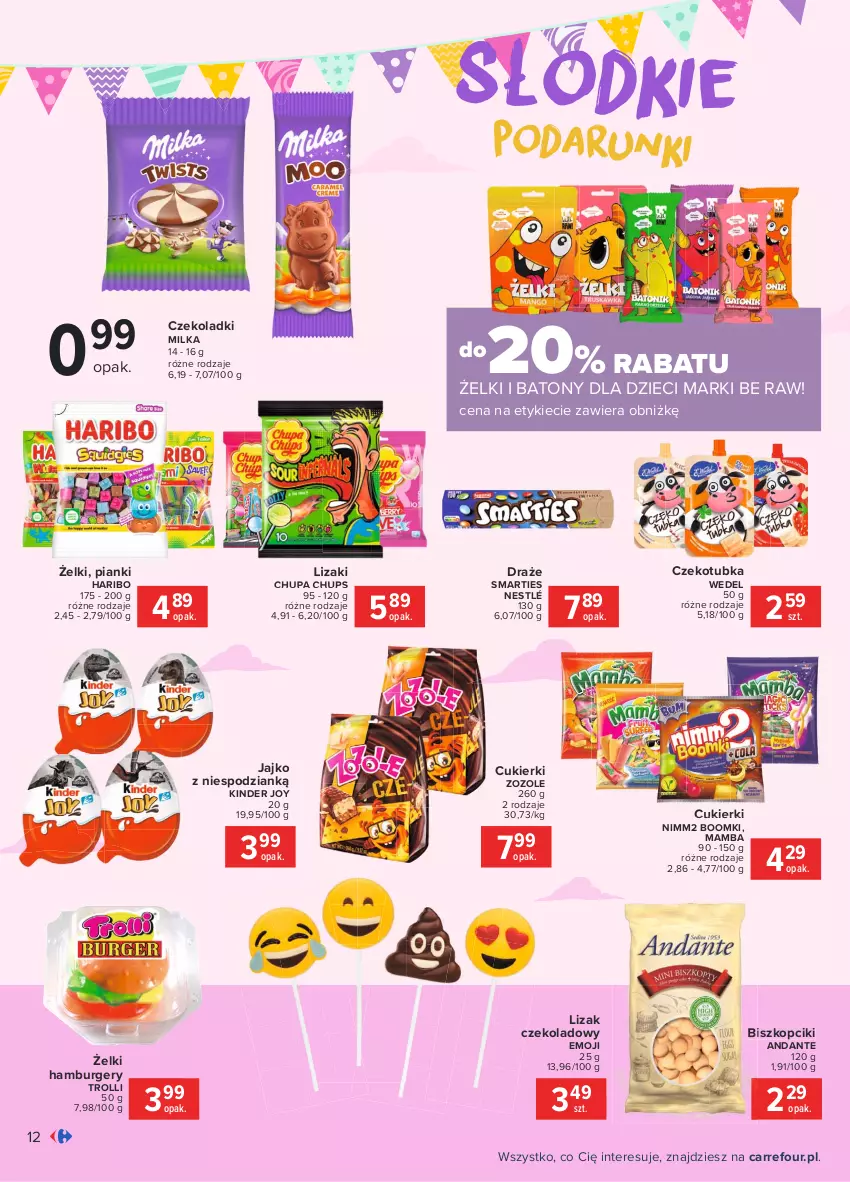 Gazetka promocyjna Carrefour - Gazetka Dzień Dziecka - ważna 17.05 do 01.06.2021 - strona 12 - produkty: Baton, Burger, Chupa Chups, Cukier, Cukierki, Dzieci, Hamburger, Haribo, Kinder, Lizaki, Mamba, Milka, Nestlé, Nimm2