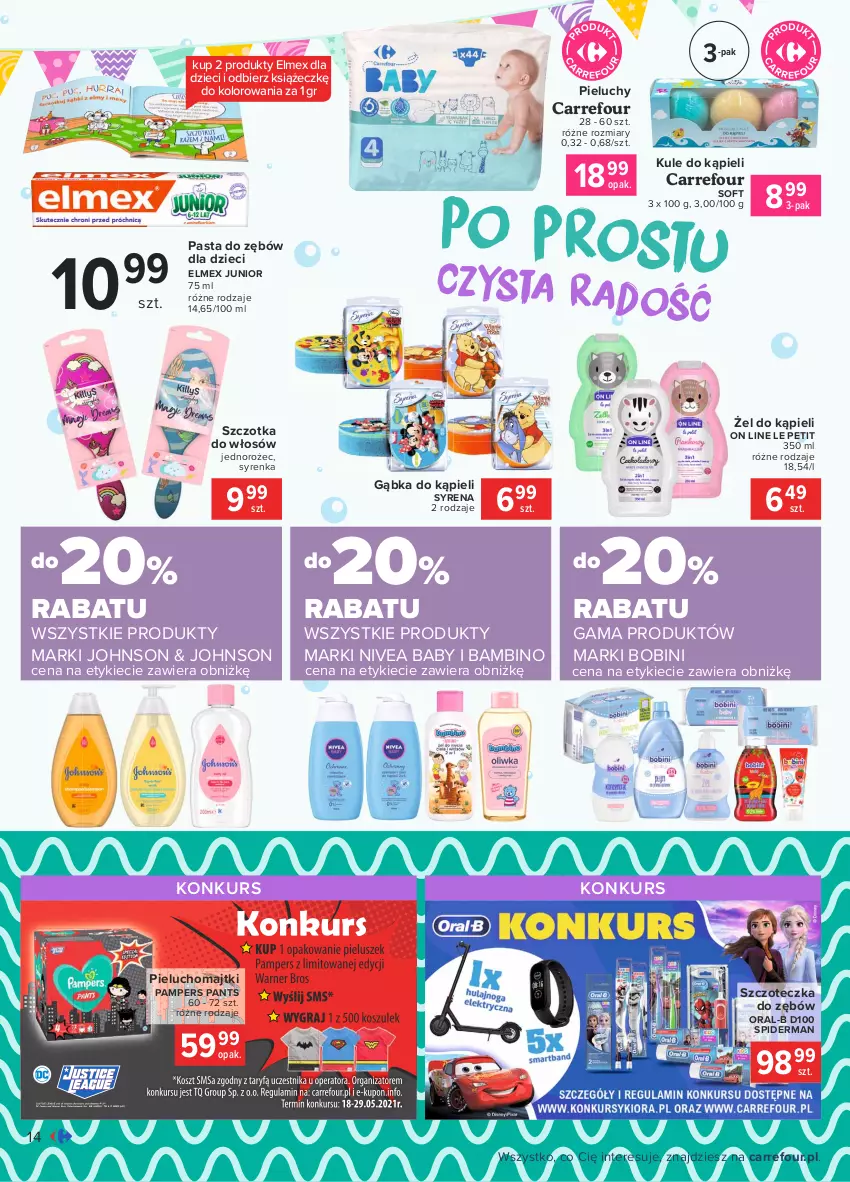 Gazetka promocyjna Carrefour - Gazetka Dzień Dziecka - ważna 17.05 do 01.06.2021 - strona 14 - produkty: Dzieci, Elmex, Jednorożec, Majtki, Nivea, Nivea Baby, Pampers, Pasta do zębów, Pieluchomajtki, Pieluchy, Spiderman, Szczoteczka, Szczoteczka do zębów, Szczotka, Szczotka do włosów