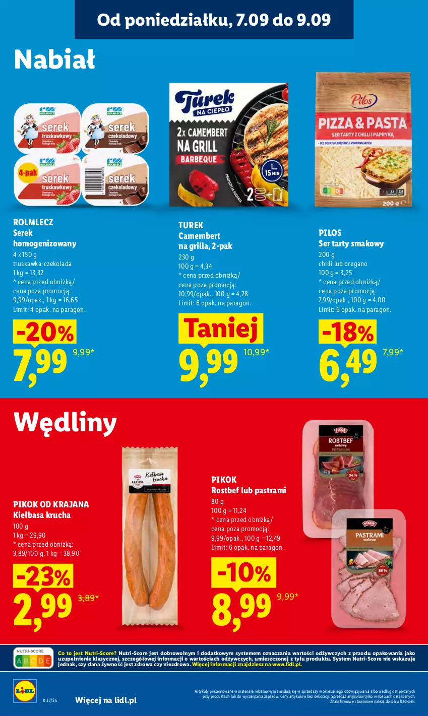 Gazetka promocyjna Lidl - Gazetka ważna od 7.09 do 9.09 - ważna 07.09 do 09.09.2026 - strona 66 - produkty: Camembert, Czekolada, Grill, Kiełbasa, Kiełbasa krucha, PIKOK, Pilos, Rolmlecz, Rostbef, Ser, Serek, Serek homogenizowany
