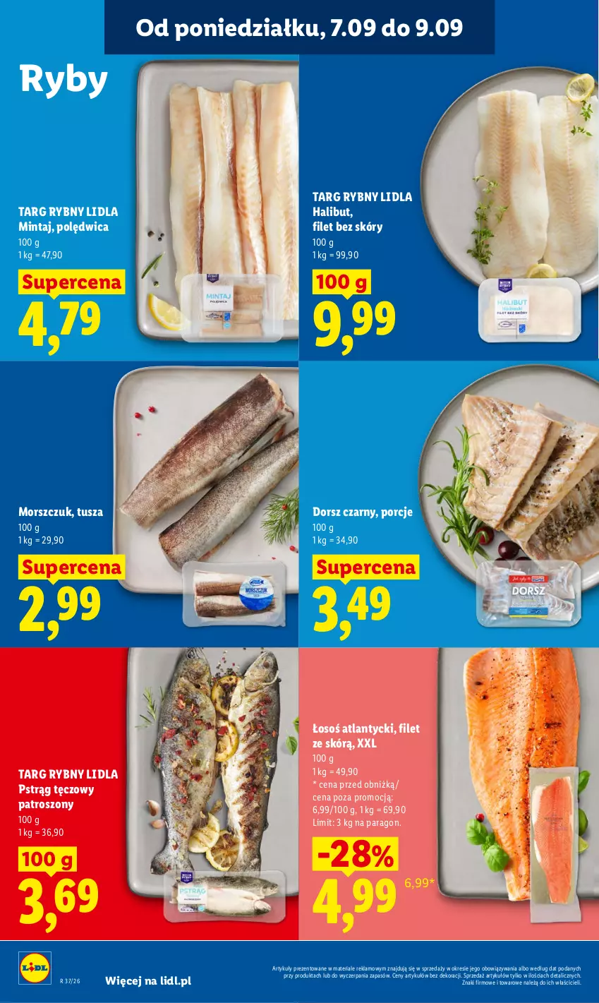 Gazetka promocyjna Lidl - Gazetka ważna od 7.09 do 9.09 - ważna 07.09 do 09.09.2026 - strona 68 - produkty: Dorsz, Halibut, Mintaj, Polędwica, Por, Pstrąg, Pstrąg tęczowy, Tusz
