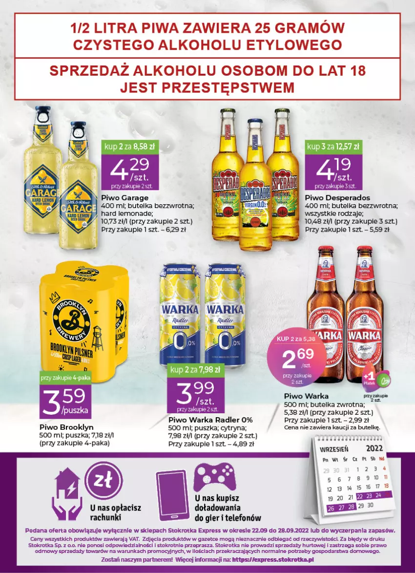 Gazetka promocyjna Stokrotka - Stokrotka Express - ważna 22.09 do 28.09.2022 - strona 4 - produkty: Desperados, Gra, Piwa, Piwo, Radler, Telefon, Warka