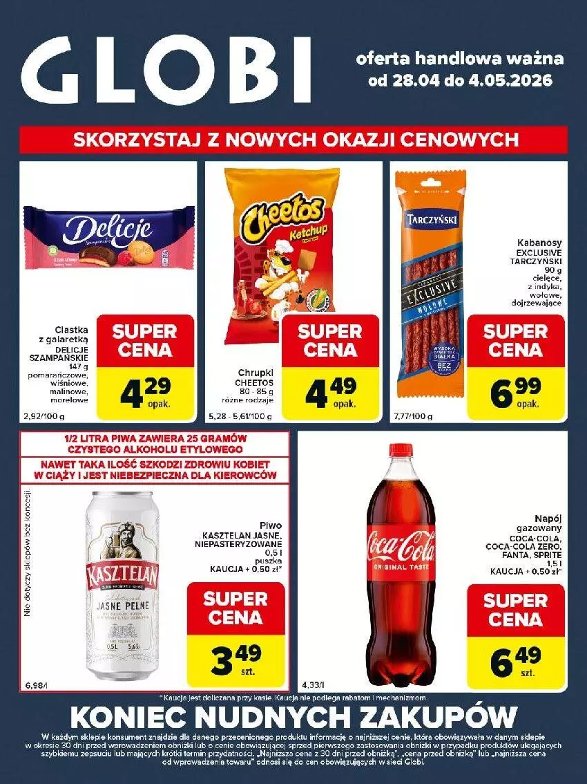 Gazetka promocyjna Carrefour - Gazetka Globi - ważna 28.04 do 04.05.2026 - strona 1 - produkty: Coca-Cola, Delicje, Fa, Fanta, Gala, Kabanos, Kasztelan, Napój, Sprite
