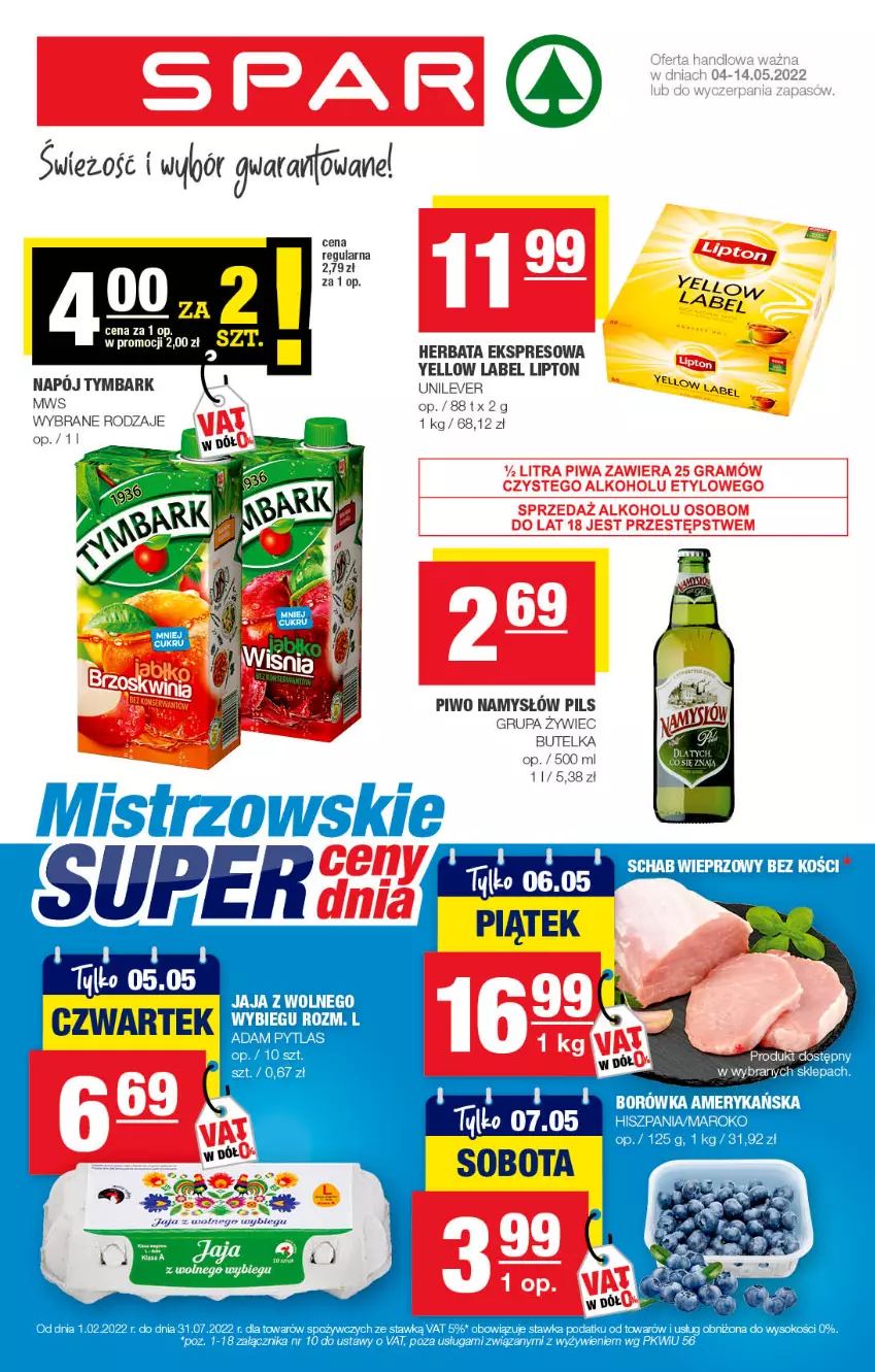 Gazetka promocyjna Spar - Spar - ważna 01.05 do 11.05.2022 - strona 1 - produkty: Borówka, Borówka amerykańska, Herbata, Jaja, Lipton, Namysłów, Napój, Ocet, Piwo, Sok, Tymbark