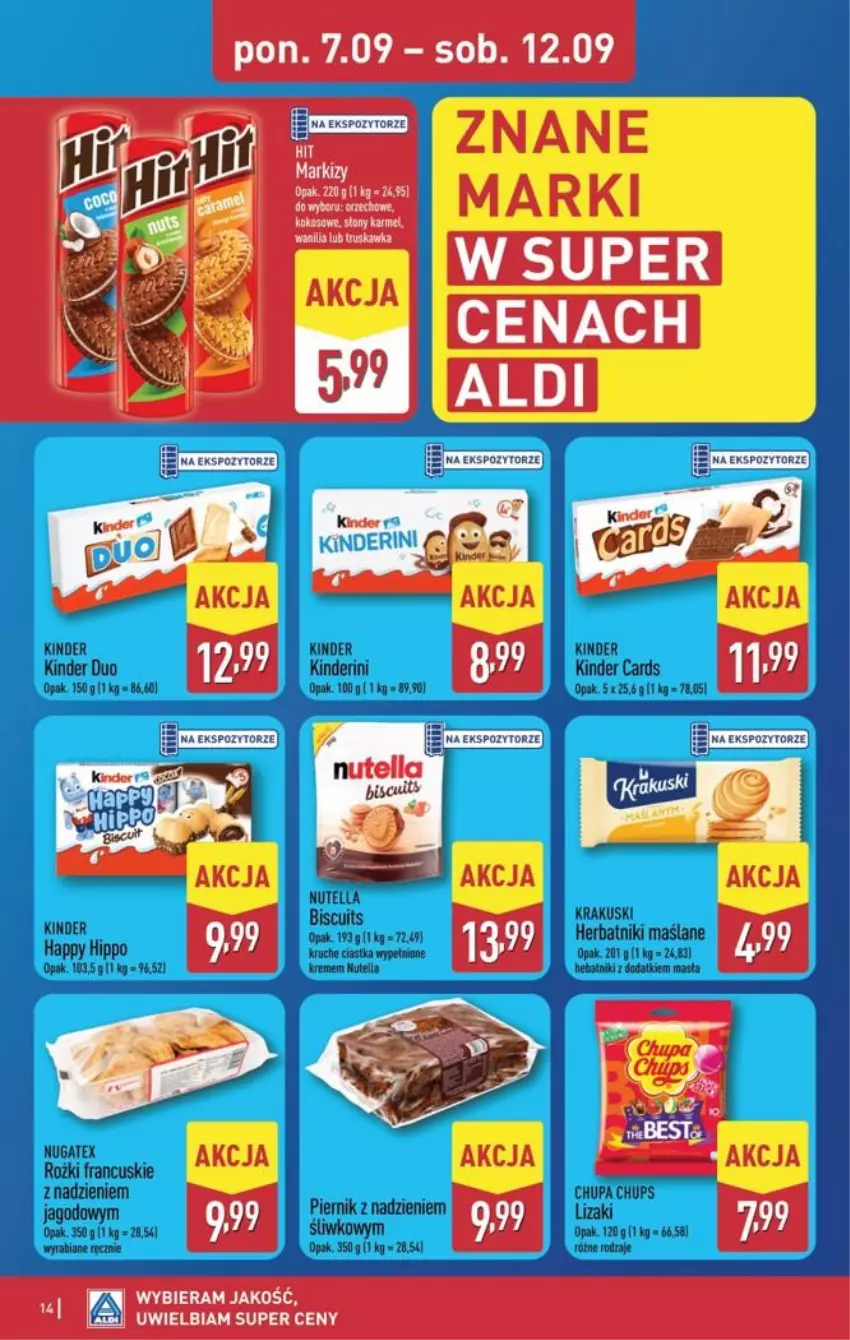 Gazetka promocyjna Aldi - Pełna oferta - ważna 07.09 do 12.09.2026 - strona 14 - produkty: Chupa Chups, Ciastka, Herbatniki, HiPP, Kinder, Kokos, Krakus, Krakuski, Lizaki, Nutella