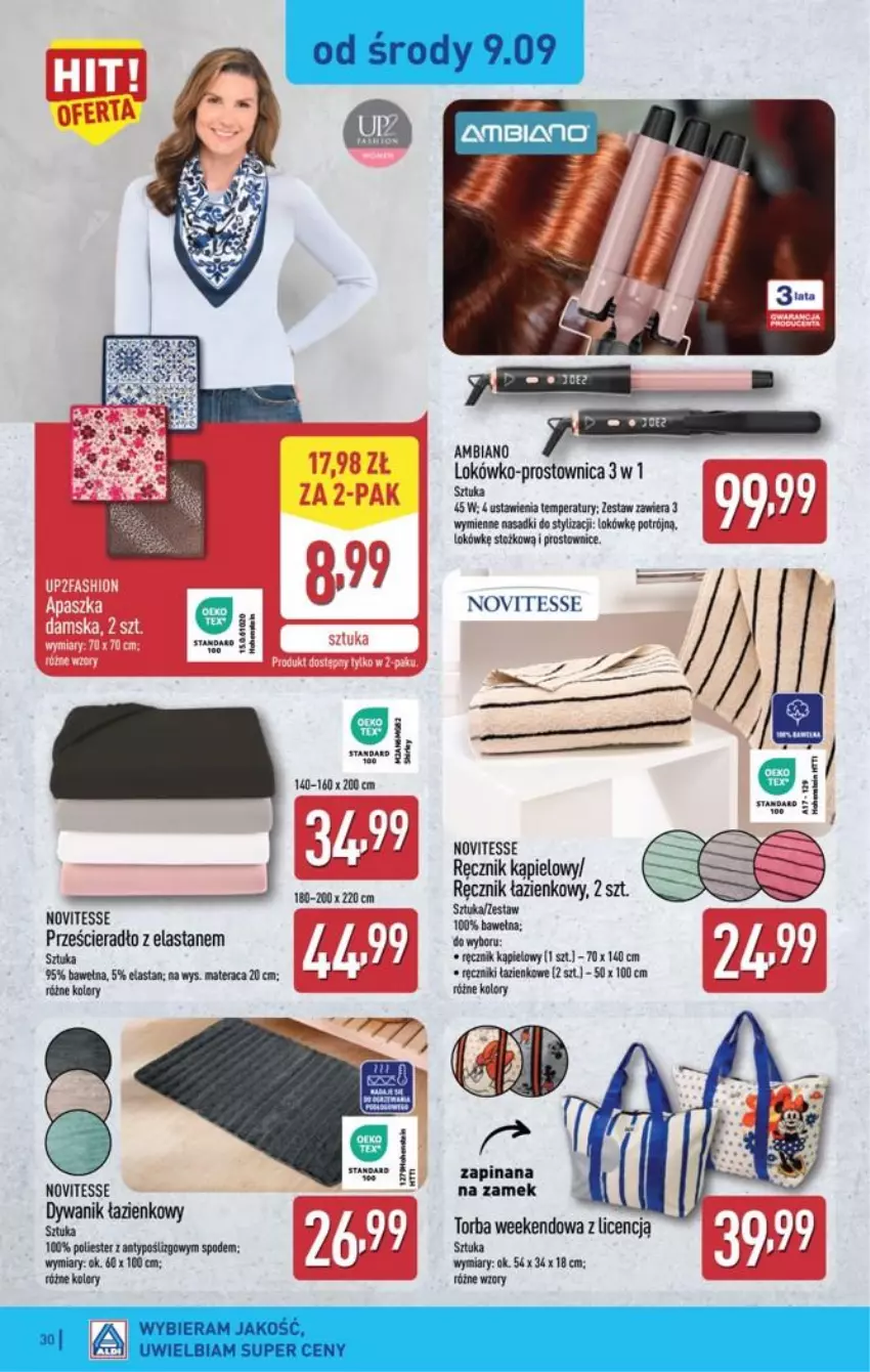 Gazetka promocyjna Aldi - Pełna oferta - ważna 07.09 do 12.09.2026 - strona 30 - produkty: Dywan, Dywanik, Dywanik łazienkowy, Fa, Materac, Prześcieradło, Ręcznik, Ręcznik kąpielowy, Tera, Torba, Wełna