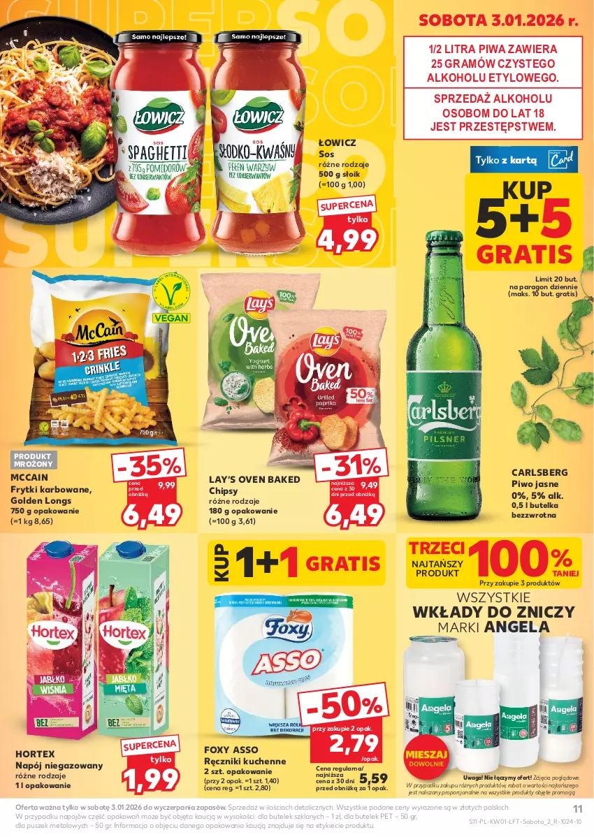 Gazetka promocyjna Kaufland - Gazetka tygodnia - ważna 02.01 do 07.01.2026 - strona 11 - produkty: Carlsberg, Chipsy, Foxy, Frytki, Gra, Hortex, Lay’s, McCain, Napój, Napój niegazowany, Piwa, Piwo, Piwo jasne, Por, Ręcznik, Sok, Sos, Waga, Znicz