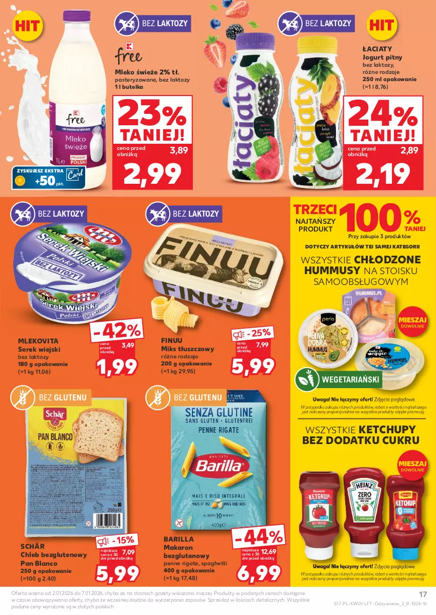 Gazetka promocyjna Kaufland - Gazetka tygodnia - ważna 02.01 do 07.01.2026 - strona 17 - produkty: Barilla, Chleb, Chleb bezglutenowy, Finuu, Hummus, Jogurt, Jogurt pitny, Ketchup, Makaron, Miks tłuszczowy, Mleko, Mlekovita, Mus, Penne, Por, Ser, Serek, Serek wiejski, Spaghetti, Waga