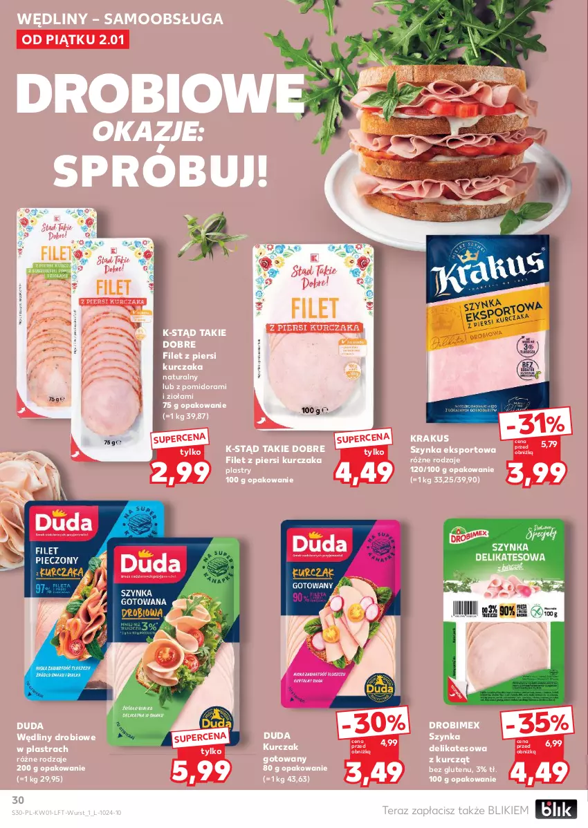 Gazetka promocyjna Kaufland - Gazetka tygodnia - ważna 02.01 do 07.01.2026 - strona 30 - produkty: Drobimex, Duda, Filet z piersi kurczaka, Krakus, Kurczak, Kurczak gotowany, Por, Sport, Szynka, Szynka delikatesowa, Tera