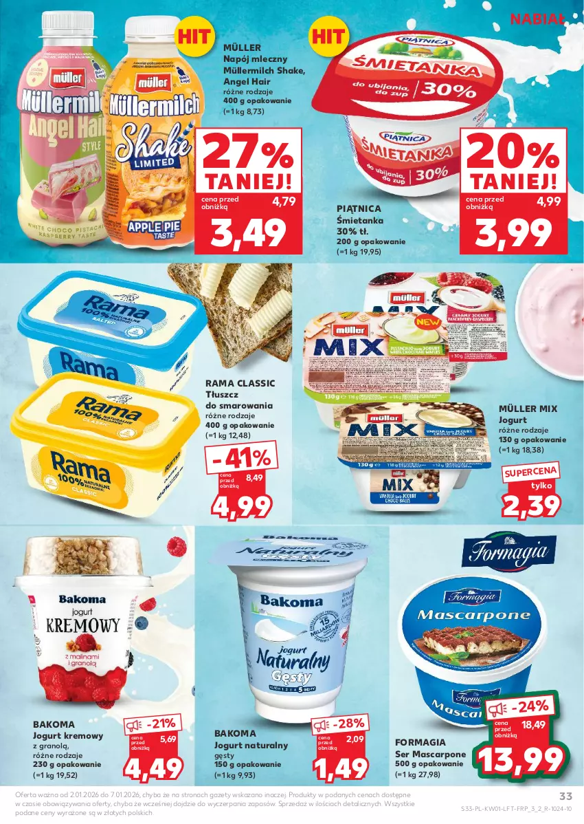 Gazetka promocyjna Kaufland - Gazetka tygodnia - ważna 02.01 do 07.01.2026 - strona 33 - produkty: Bakoma, Gra, Jogurt, Jogurt naturalny, Mascarpone, Müller, Müller Mix, Müllermilch, Napój, Napój mleczny, Piątnica, Rama, Ser