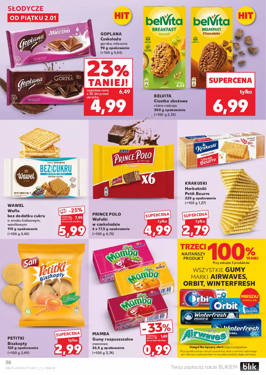 Gazetka promocyjna Kaufland - Gazetka tygodnia - ważna 02.01 do 07.01.2026 - strona 38 - produkty: BelVita, Biszkopty, Ciastka, Czekolada, Czekolada gorzka, Goplana, Herbatniki, Herbatniki Petit Beurre, Kakao, Krakus, Krakuski, LANA, Mamba, Orbit, Por, Prince Polo, Tera, Vita C, Wafle, Waga, Wawel