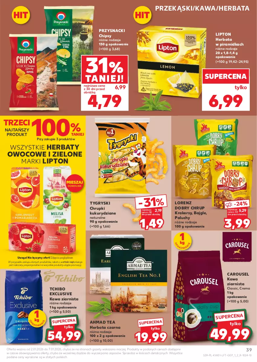 Gazetka promocyjna Kaufland - Gazetka tygodnia - ważna 02.01 do 07.01.2026 - strona 39 - produkty: Bajgle, Chipsy, Chrupki, Gry, Herbata, Herbata czarna, Kawa, Kawa ziarnista, Krakersy, Lipton, Lorenz, Por, Przysnacki, Tchibo, Waga
