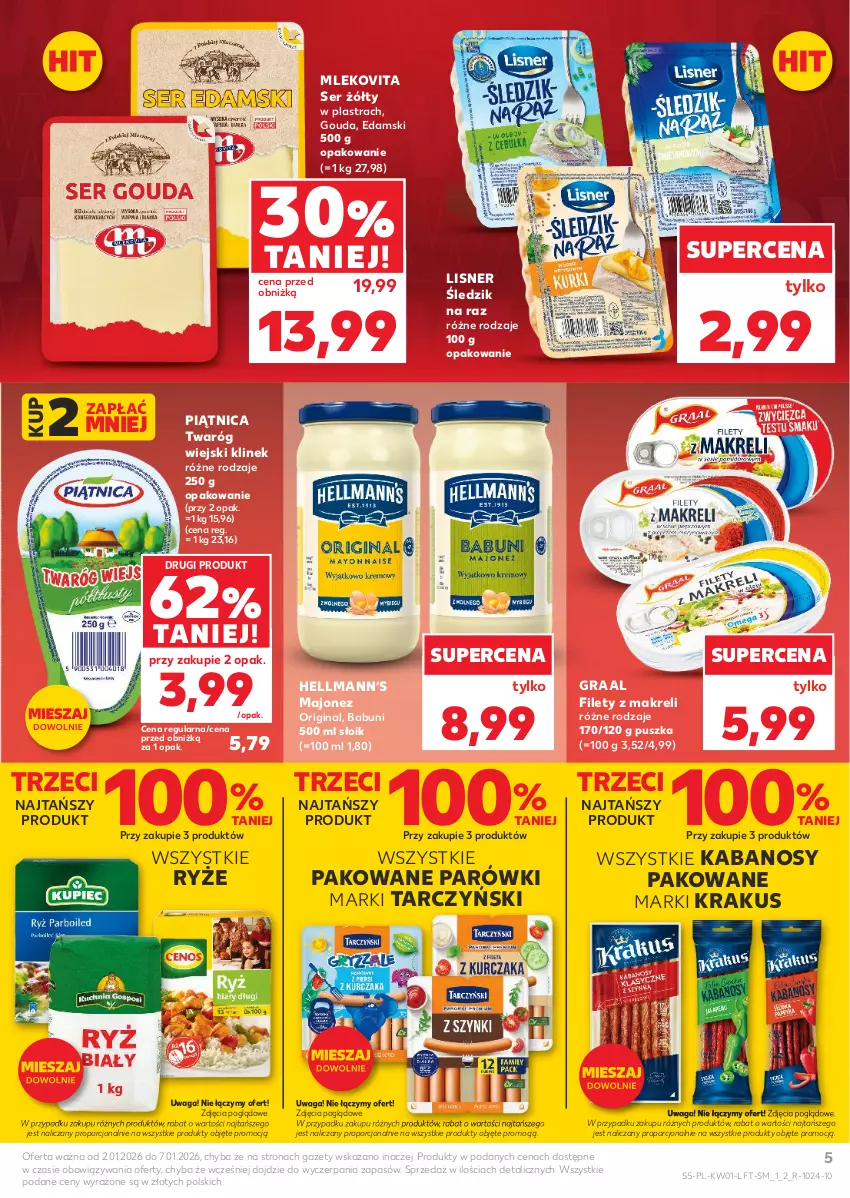 Gazetka promocyjna Kaufland - Gazetka tygodnia - ważna 02.01 do 07.01.2026 - strona 5 - produkty: Babuni, Edam, Gin, Gouda, Gra, Graal, Hellmann’s, Kabanos, Krakus, Lisner, Majonez, Mleko, Mlekovita, Parówki, Piątnica, Por, Ryż, Ser, Tarczyński, Twaróg, Waga