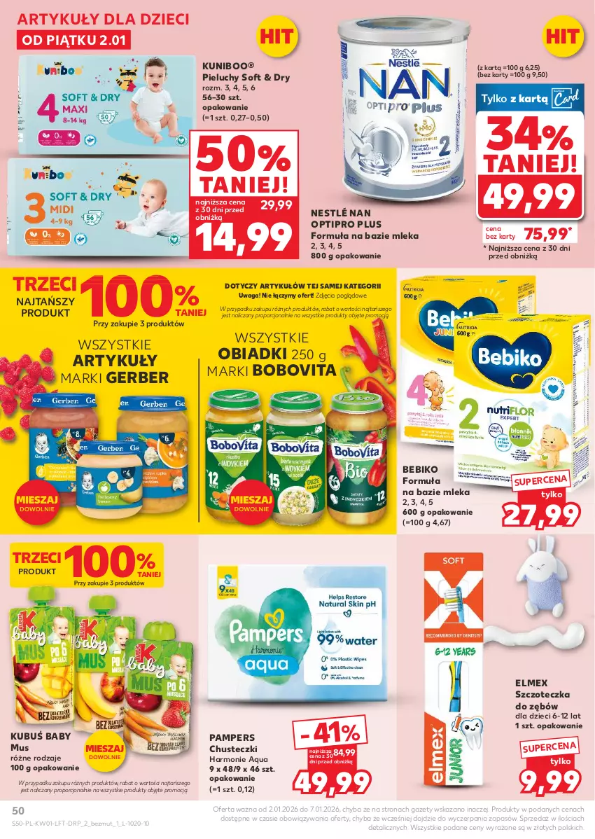 Gazetka promocyjna Kaufland - Gazetka tygodnia - ważna 02.01 do 07.01.2026 - strona 50 - produkty: Bebiko, BoboVita, Chusteczki, Dzieci, Elmex, Gerber, Kubuś, Mus, NAN Optipro, Nestlé, Pampers, Pieluchy, Por, Szczoteczka, Szczoteczka do zębów, Waga