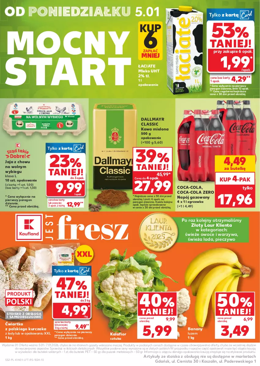 Gazetka promocyjna Kaufland - Gazetka tygodnia - ważna 02.01 do 07.01.2026 - strona 52 - produkty: Banany, Coca-Cola, Dallmayr, Jaja, Kalafior, Kawa, Kawa mielona, Kosz, Kurczak, Laur, Mleko, Napój, Napój gazowany, Olej, Owoce, Piec, Pieczywo, Sok, Szal, Warzywa