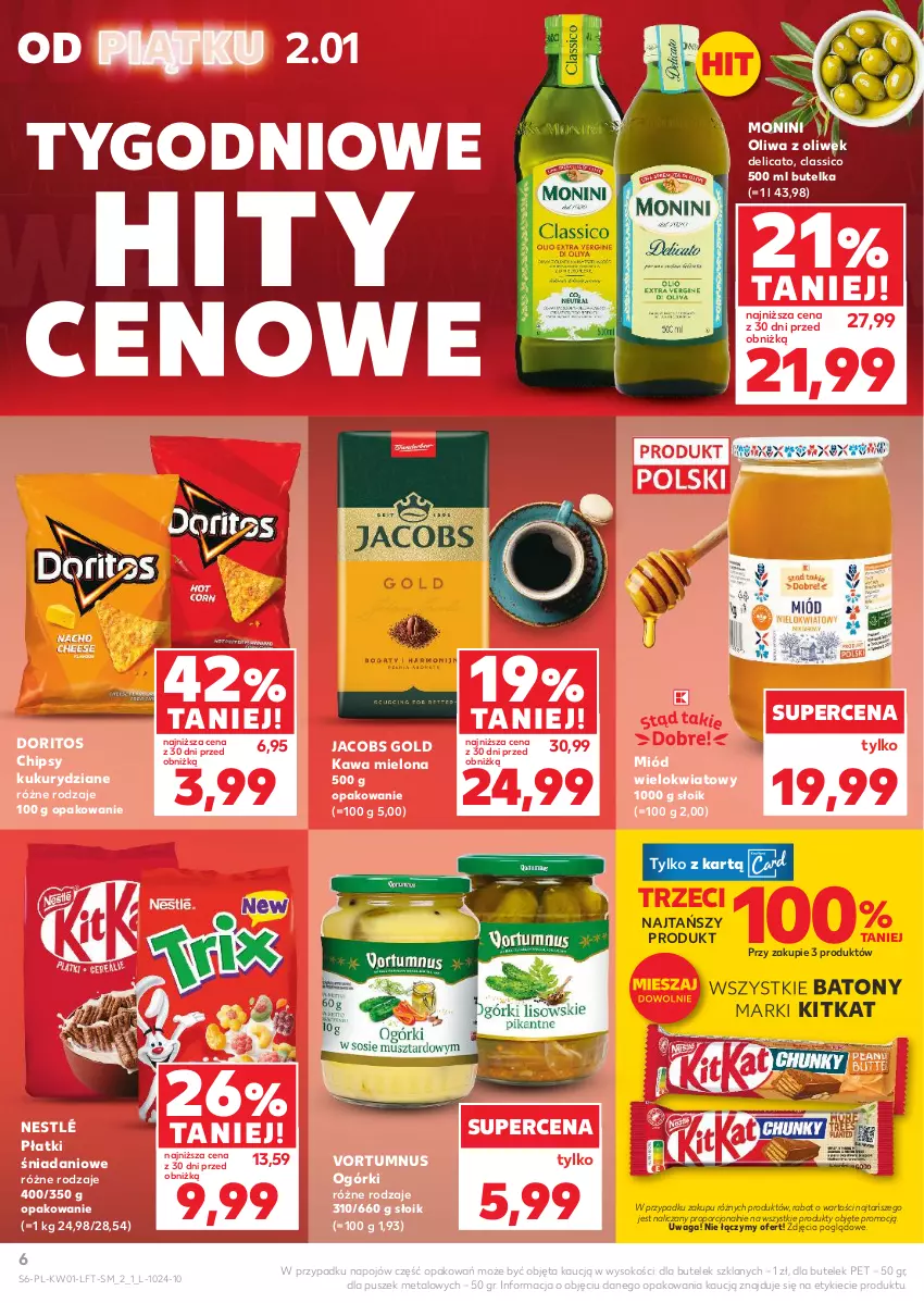 Gazetka promocyjna Kaufland - Gazetka tygodnia - ważna 02.01 do 07.01.2026 - strona 6 - produkty: Baton, Chipsy, Danio, Jacobs, Kawa, Kawa mielona, Miód, Monini, Nestlé, Oliwa, Oliwa z oliwek, Por, Sok, Waga