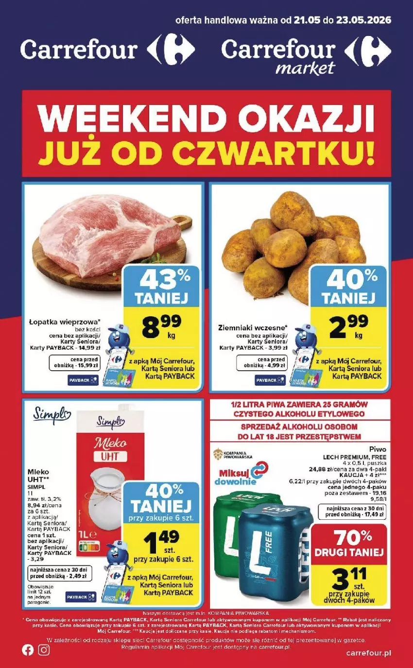 Gazetka promocyjna Carrefour - Gazetka Weekend okazji już od czwartku! - ważna 21.05 do 23.05.2026 - strona 1 - produkty: Fa, Lech Premium, Mleko, Palma, Piwo, Ziemniaki