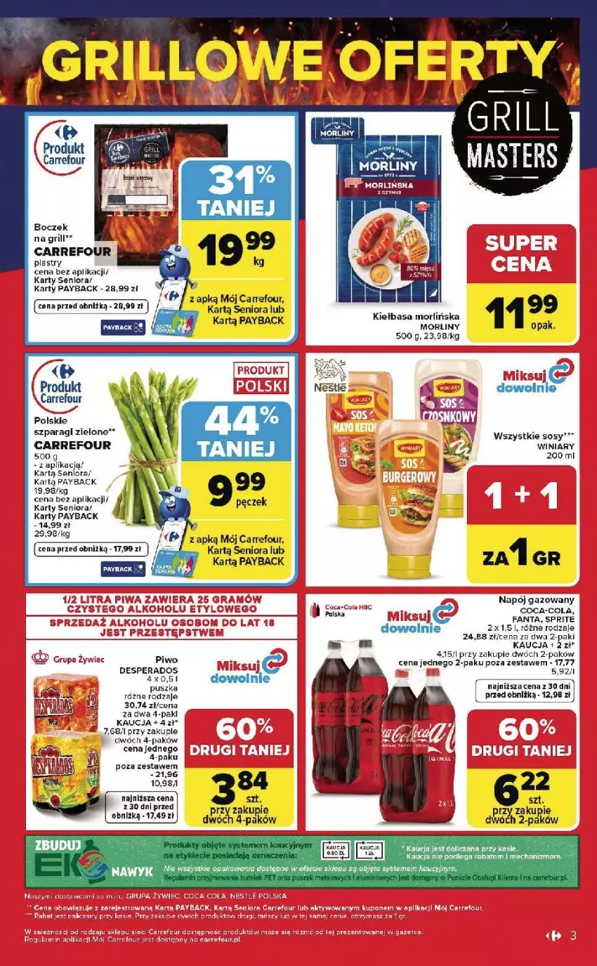 Gazetka promocyjna Carrefour - Gazetka Weekend okazji już od czwartku! - ważna 21.05 do 23.05.2026 - strona 3 - produkty: Boczek, Coca-Cola, Desperados, Fa, Fanta, Gra, Grill, Kaki, Kiełbasa, Morliny, Napój, Napój gazowany, Piwa, Sos