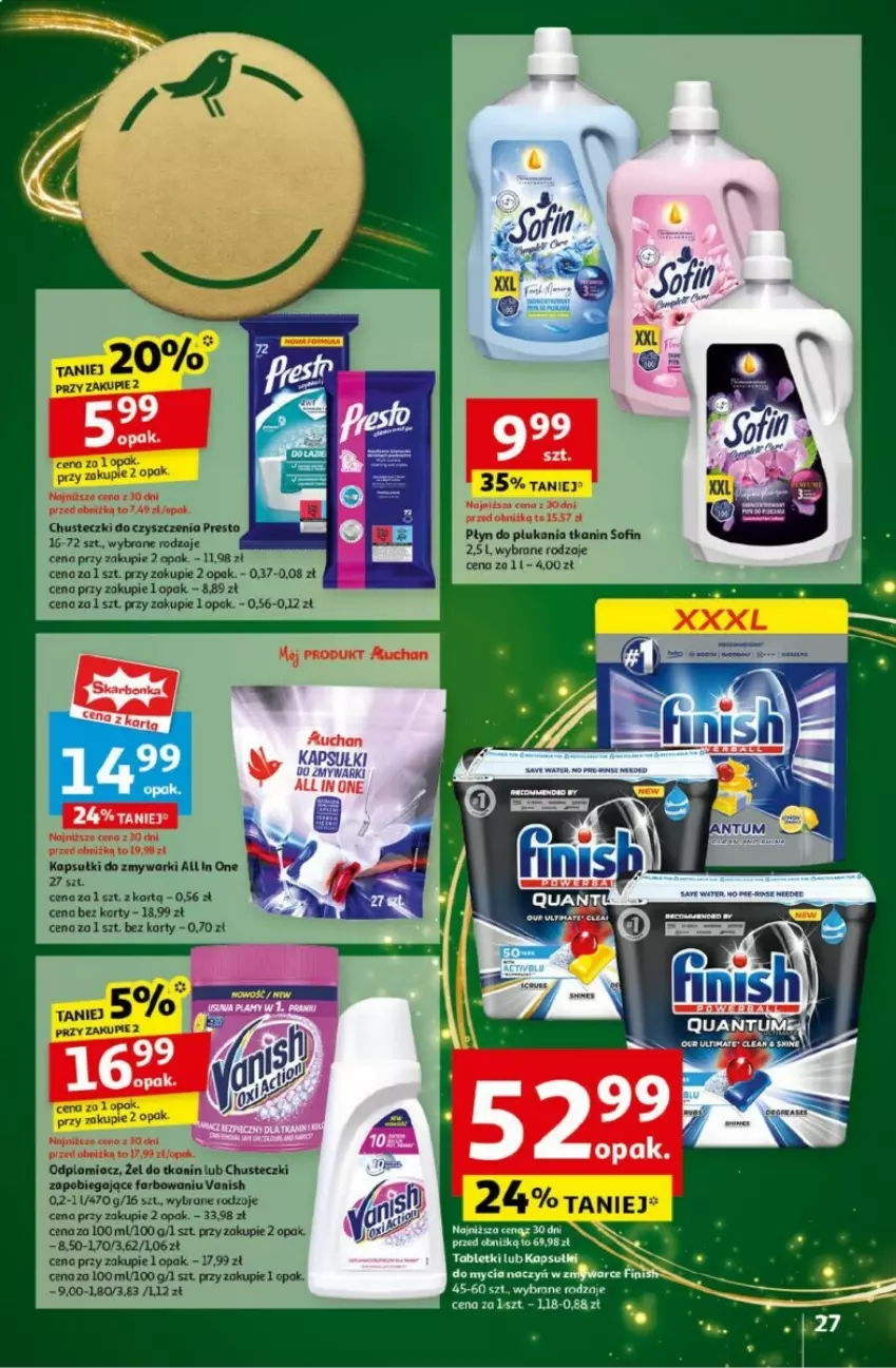 Gazetka promocyjna Auchan - ważna 05.12 do 11.12.2024 - strona 22 - produkty: Chusteczki, Chusteczki do czyszczenia, Fa, Odplamiacz, Płyn do płukania, Presto, Vanish, Zmywarki