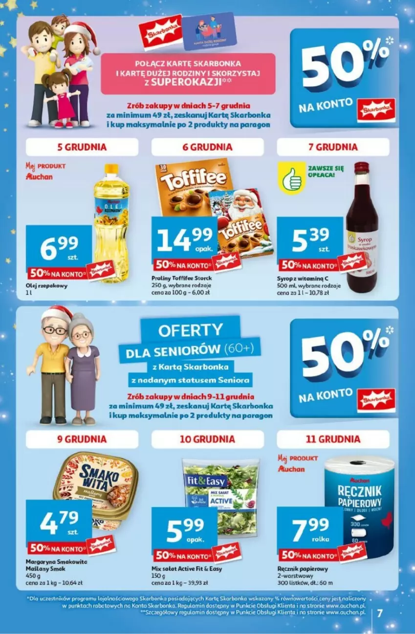 Gazetka promocyjna Auchan - ważna 05.12 do 11.12.2024 - strona 60 - produkty: Margaryna, Olej, Olej rzepakowy, Papier, Praliny, Ręcznik, Sałat, Syrop, Toffifee