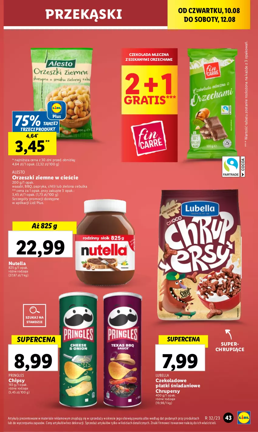 Gazetka promocyjna Lidl - GAZETKA - ważna 10.08 do 12.08.2023 - strona 63 - produkty: Bell, Bella, Chipsy, Czekolada, Czekolada mleczna, Danio, Gra, Lubella, Nutella, Orzeszki, Orzeszki ziemne, Papryka, Pringles, Wasa