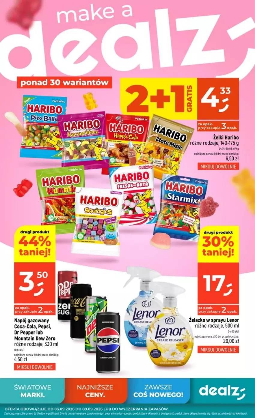 Gazetka promocyjna Dealz - NOWA GAZETKA - ważna 03.09 do 09.09.2026 - strona 1 - produkty: Coca-Cola, Gra, Haribo, Lenor, Napój, Napój gazowany, Pepsi, Ser