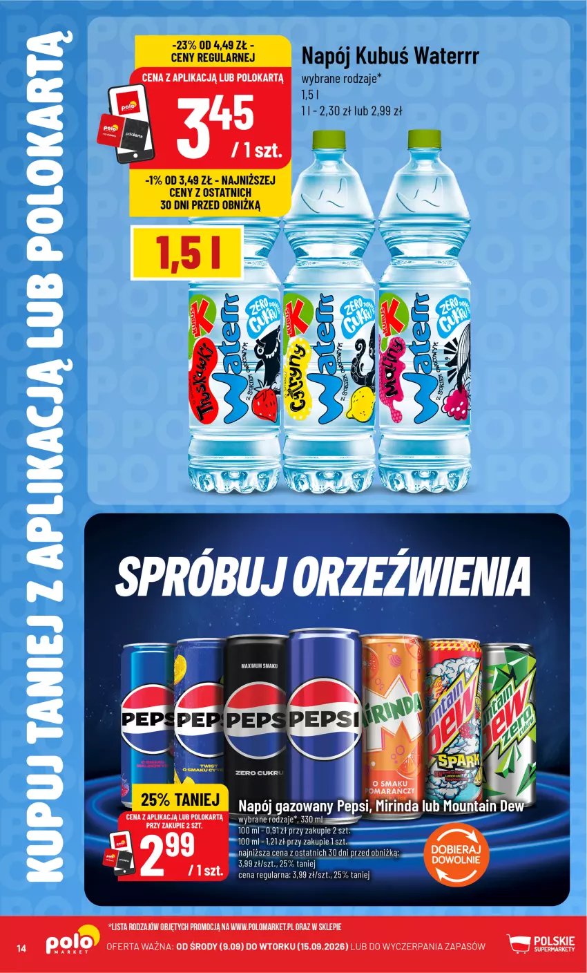 Gazetka promocyjna PoloMarket - Katalog Kupuj taniej z POLOappką - ważna 09.09 do 15.09.2026 - strona 14 - produkty: Mirinda, Napój, Napój gazowany, Pepsi