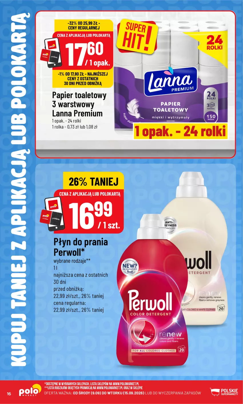 Gazetka promocyjna PoloMarket - Katalog Kupuj taniej z POLOappką - ważna 09.09 do 15.09.2026 - strona 16 - produkty: Papier, Papier toaletowy, Perwoll, Płyn do prania, Rolki