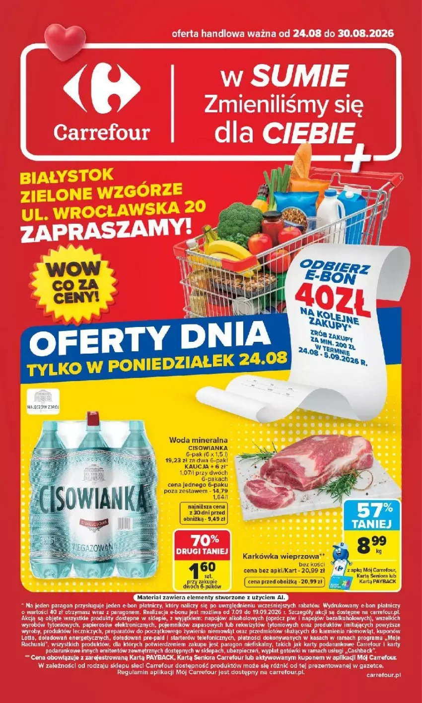 Gazetka promocyjna Carrefour - Gazetka Carrefour Białystok w SUMIE Zmieniliśmy się dla Ciebie - ważna 24.08 do 30.08.2026 - strona 1 - produkty: Cisowianka, Fa, Karkówka wieprzowa, LG, Woda, Woda mineralna